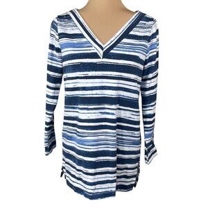 Chico's Zenergy Tunic Top V Neck Back Size Small (0) Blue White Stripe Knit